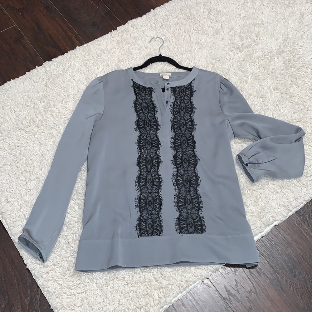 J. Crew Gray Blouse with Black Lace, sz Medium - Picture 14 of 16